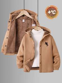 SHEIN 小男孩 1件裝 數字與馬刺繡泰迪絨內裡連帽外套 - 彩色 - 查看 1