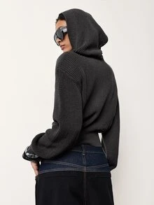 MERLEAU-F Solid Drop Shoulder Button Placket Hooded Crop Cardigan,Long Sleeve Tops For Women,Office Travel Vacation Casual,Work Autumn Sweaters Grey - Dark Grey - View 2