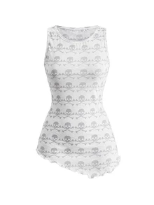 ROMWE Grunge Punk Allover Skull Print Lettuce Trim Asymmetrical Hem Tank Top - White - View 1