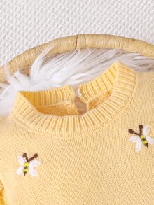 SHEIN Baby Girl Floral Pattern Ruffle Trim Knit Autumn Jumpsuit With Headband - Yellow - View 3