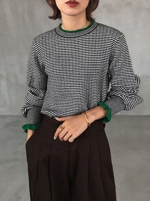 FRIFUL Women's Striped Round Neck Drop Shoulder Long Sleeve Loose Sweater - Black - View 6
