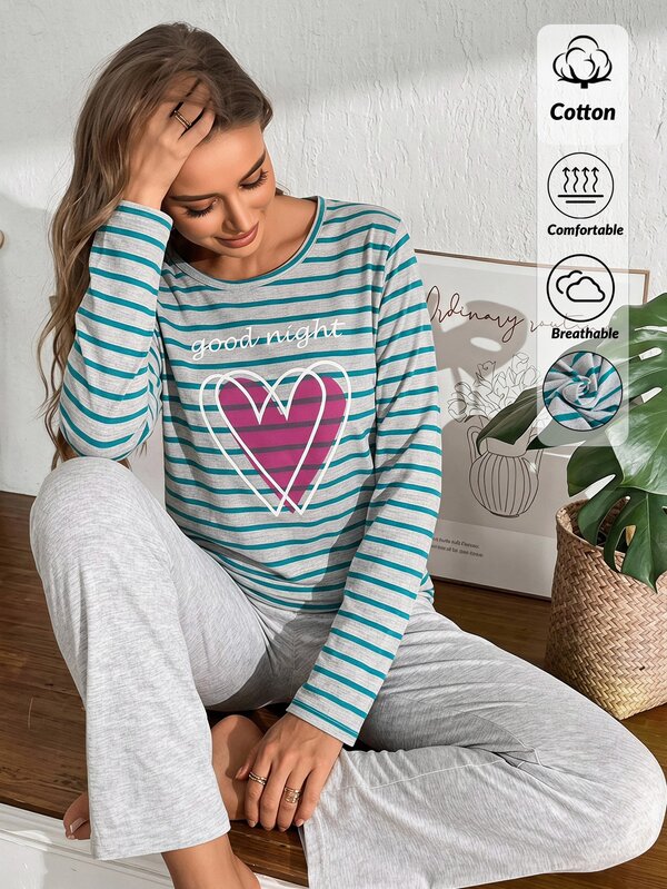 SHEIN 100%Cotton Plus Size 2 Pcs Stripe And Heart Patterned Long Sleeve Heart Patterned Sleep Top Pajama