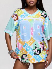 THE POWERPUFF GIRLS X SHEIN Kaos Wanita Berkerah V dengan Motif Kartun Serbaguna - Hijau - View 7