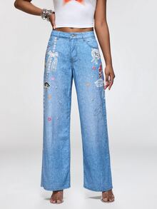 THE POWERPUFF GIRLS X SHEIN Celana Jeans Denim Wanita Motif Kartun dengan Kantong Kancing - Biru - View 4