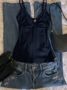 IslaSuriya Solid Lace Trim Cami Top - Navy Blue - View 3