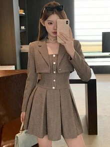 DAZY Fitted Waist Cami Dress Button Front Jacket Autumn Everyday School Brown Preppy Elegant - Brown - View 1