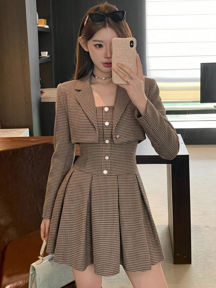 DAZY Fitted Waist Cami Dress Button Front Jacket Autumn Everyday School Brown Preppy Elegant - Brown - View 1