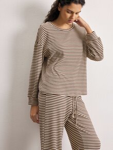 Ocili Striped Drop Shoulder Lounge Set - Khaki - View 7