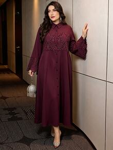 Al Najma Plus Contrast Guipure Lace Trumpet Sleeve Shirt Dress - Red Violet - View 7