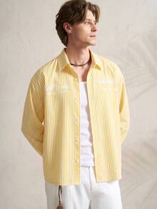 TONEVAULT Men Striped & Letter Graphic Drop Shoulder Shirt - Yellow - View 6