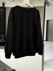 SHEIN EZwear 純色落肩V領運動衫 - 黑色 - 查看 2