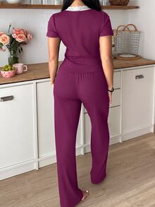 SweetSlumber V-Neck Contrast Lace Short Sleeve Top & Pants Pajama Set - Violet Purple - View 3