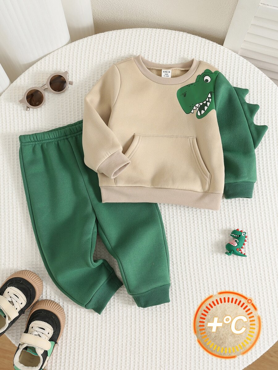 SHEIN Baby Boy Dinosaur Print 3D Design Kangaroo Pocket Sweatshirt & Sweatpants - Multicolor - View 1