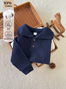SHEIN 男童春秋深藍色羅紋領長袖襯衫，紳士簡約百搭舒適休閒款，適合室內/戶外活動及多種場合 - 藏蓝色 - 查看 1