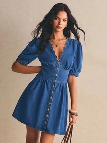 Poéselle 1Pc Button Front Scallop Trim Denim Dress Teacher Outfits For Women - Medium Wash - View 7