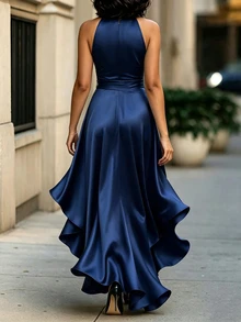 Velvienne Plus Solid Wrap Knot Side Satin Dress - Navy Blue - View 2