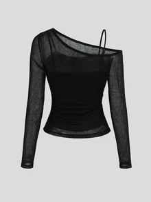 Sweetra 2pcs Asymmetrical Neck Sheer Mesh Top & Cami Top - Black - View 2