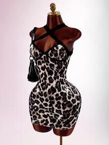 Amplova Leopard Print Crisscross Backless Bodycon Dress - Brown - View 2