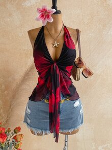 Soleia Plus Floral Print Tie Front Mesh Halter Top - Multicolor - View 9