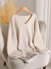 CosyJoli Sweater Rajut Bergaris dengan Bahu Jatuh Ukuran Plus - Aprikot - View 5