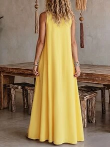 SHEIN LUNE CURVE Plus Solid V Neck Maxi Tank Dress - Yellow - View 2
