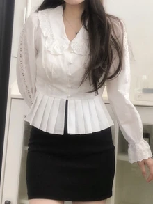 DAZY Solid Schiffy Ruffle Trim Flare Sleeve Pleated Hem Shirt Vacation - White - View 9