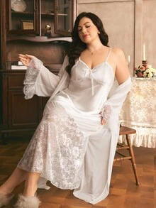 Côtesoire Plus Contrast Lace Flounce Sleeve Knot Front Robe & Cami Sleep Dress PJ Set - White - View 1