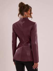 SHEIN BAE Blazer Kulit PU dengan Bantalan Bahu, Natal, Acara Sosial, - Burgundy - View 2