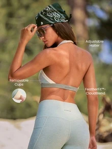 GLOWMODE FeatherFit™-CloudBlend Light & Lifted Two-Tone Open Back Halter Bra With Removable Cups Low Impact Barre Ballet Pilates Daily Casual - Mist Green - View 3