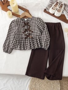 SHEIN Vintaside Kids Girls Little Brown Plaid Bow Top And Coffee Wide Leg Pants 2 Piece Set Top With Plaid Round Neck Long Sleeves Decorated With Three Bows Ruffle Hem And - Brown - View 3