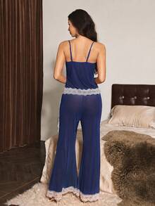 Slumberist Conjunto de Pijama 2 Peças com Top Camisete de Renda Amarela Sexy com Laço e Tela Transparente & Calça Perna Larga com Cintura Marcada e Bainha Abertura - Azul Marinho - Visão 2