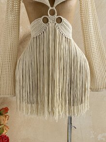 Soleia Women's Hollow Out Sexy Tassel Hem Long Sleeve Sweater Dress - Apricot - View 6
