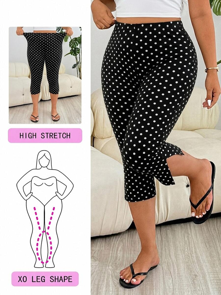 Solflare Plus Polka Dot Print Split Hem Leggings - Black - View 1