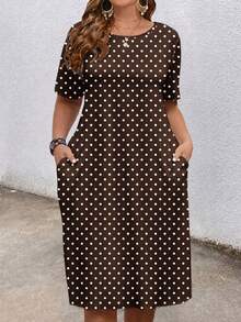 EMERY ROSE Plus Polka Dot Print Hidden Pocket Dress - Brown - View 1