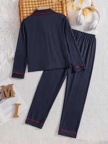 Tween Boy Contrast Piping PJ Set - Navy Blue - View 2