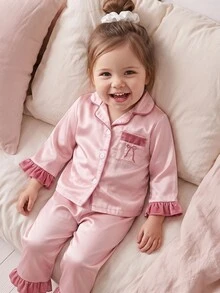 Baby Girl Embroidery Bow Contrast Binding Flare Sleeve Pajama Set - Baby Pink - View 2