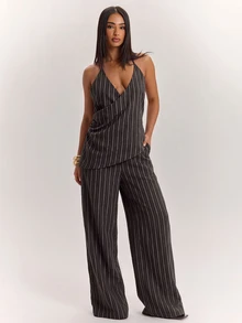 SHEIN BAE 條紋印花露背繫帶掛脖上衣與寬腿褲套裝 - 彩色 - 查看 7
