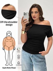 Shapeblank Plus Asymmetrical Neck Ruched Tee - Black - View 1