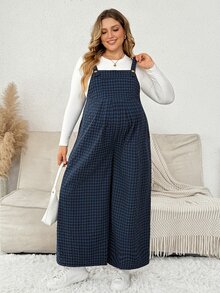 Plussiva 大尺碼紋理格紋寬鬆孕婦連身褲 - 藍色 - 查看 6