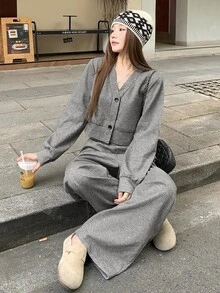 DAZY Women's Casual Cardigan Crop Top And Wide Leg Pants 2 Pieces Set Cute Tops - Grey - View 5