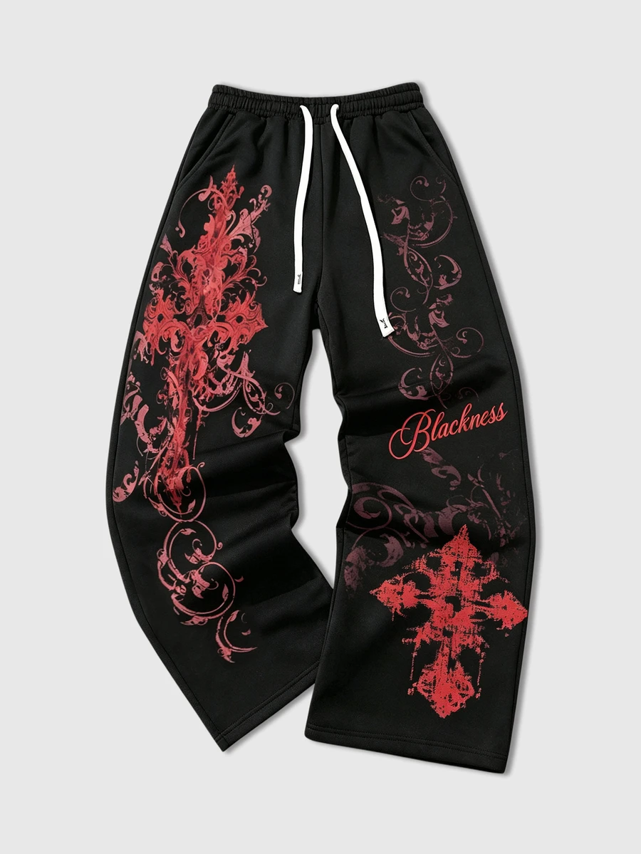 ROMWE MEN Goth Men's Letter & Cross Print Drawstring Waist Casual Sweatpants - Black - View 1