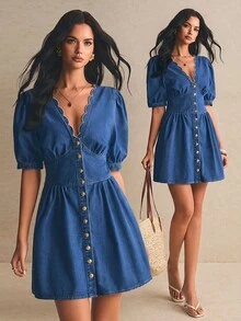Poéselle 1Pc Button Front Scallop Trim Denim Dress Teacher Outfits For Women - Medium Wash - View 3
