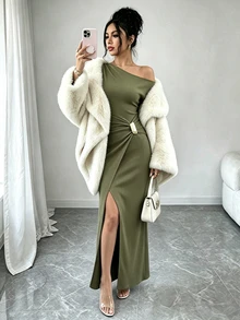 Elenzga 不對稱領口開衩包臀下擺洋裝 - 綠色 - 查看 1