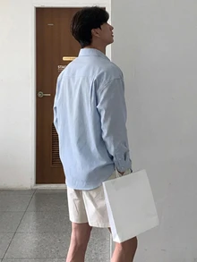 DAZY 男士純色口袋拼接襯衫 秋季 - 淺藍色 - 查看 2