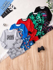 SHEIN 青少年男孩 1件字母與遊戲手把印花睡衣上衣 & 1件睡褲 - 彩色 - 查看 1