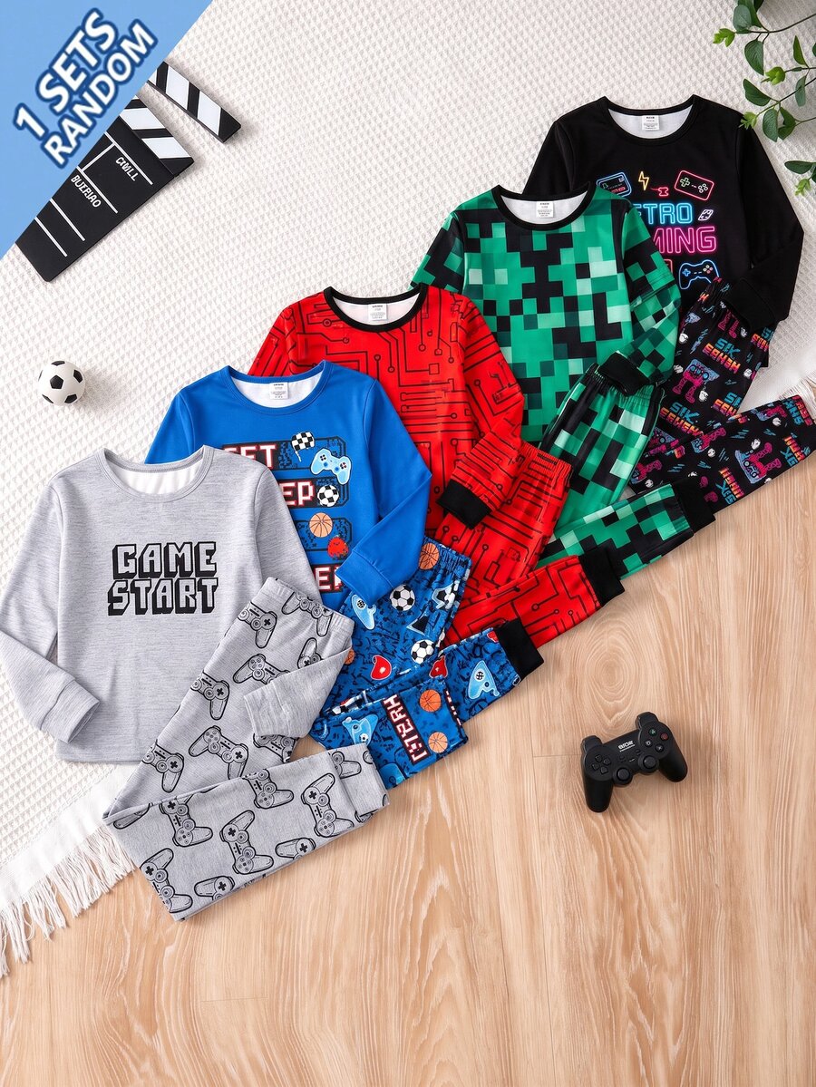 SHEIN 青少年男孩 1件字母與遊戲手把印花睡衣上衣 & 1件睡褲 - 彩色 - 查看 1