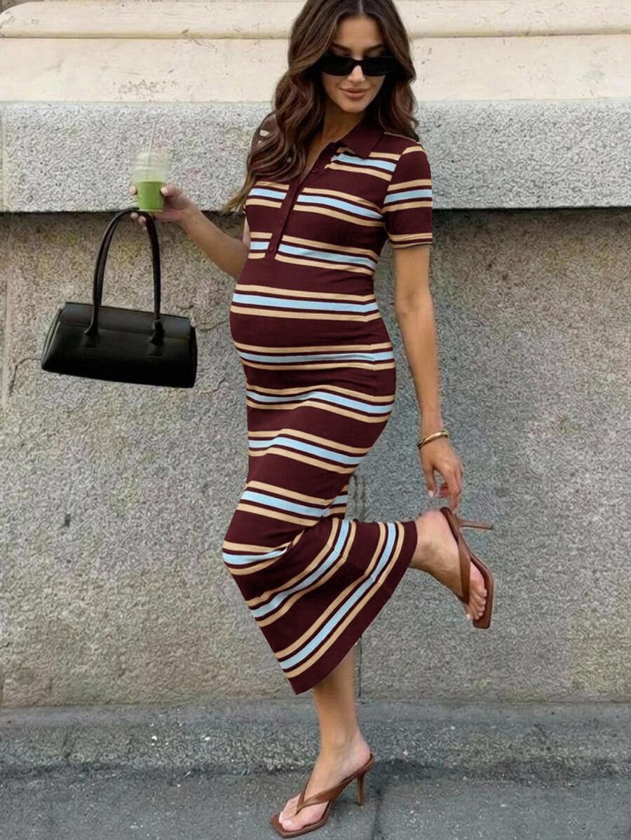 MaterniWear 女款條紋孕婦半開襟鈕扣洋裝 - 酒紅色 - 查看 1