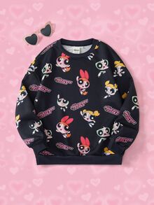 THE POWERPUFF GIRLS X SHEIN Tween Girl Crew Neck Long Sleeve Casual Sweatshirt - Black - View 1