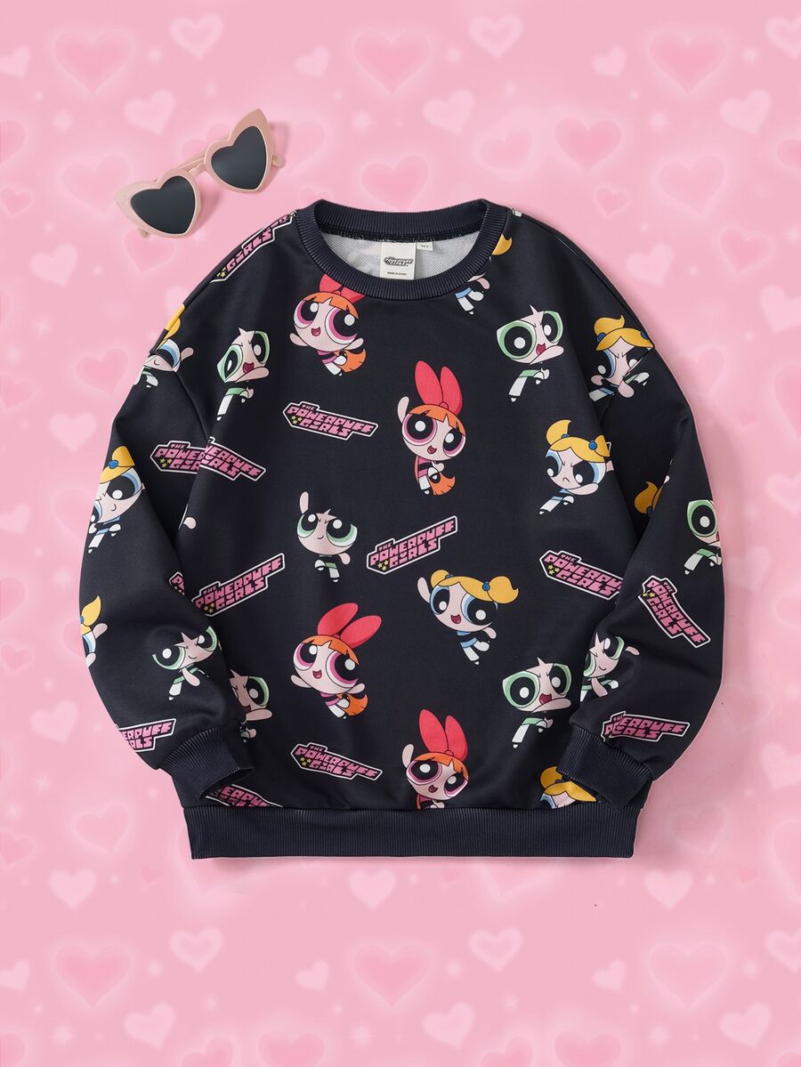 THE POWERPUFF GIRLS X SHEIN Tween Girl Crew Neck Long Sleeve Casual Sweatshirt - Black - View 1