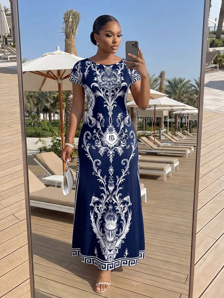 SHEIN Lady Plus Size Dresses Dinner Formal Navy Blue Summer Elegant - Navy Blue - View 4